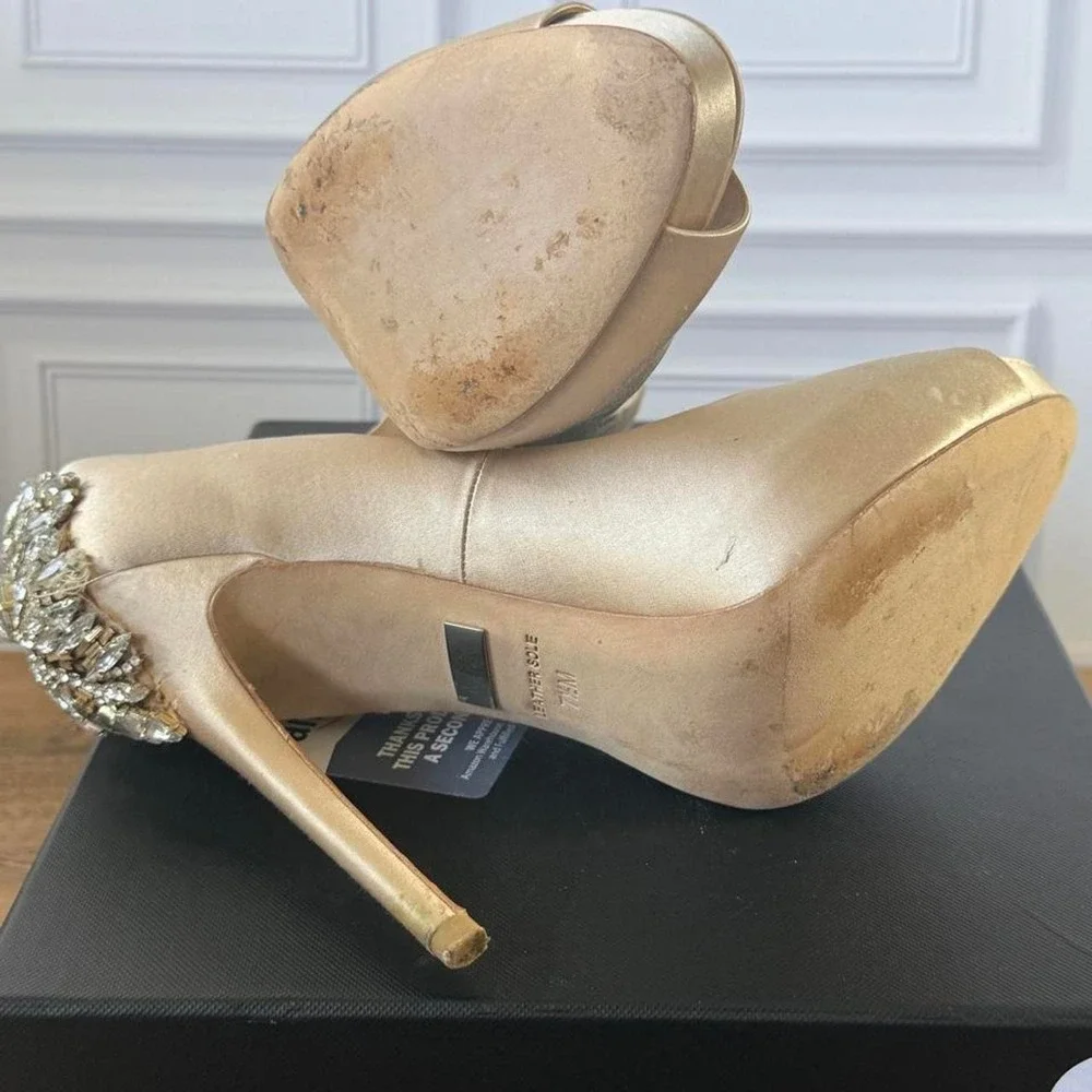 Badgley Mischka gold & cream peep toe heels with rhinestone embellishments